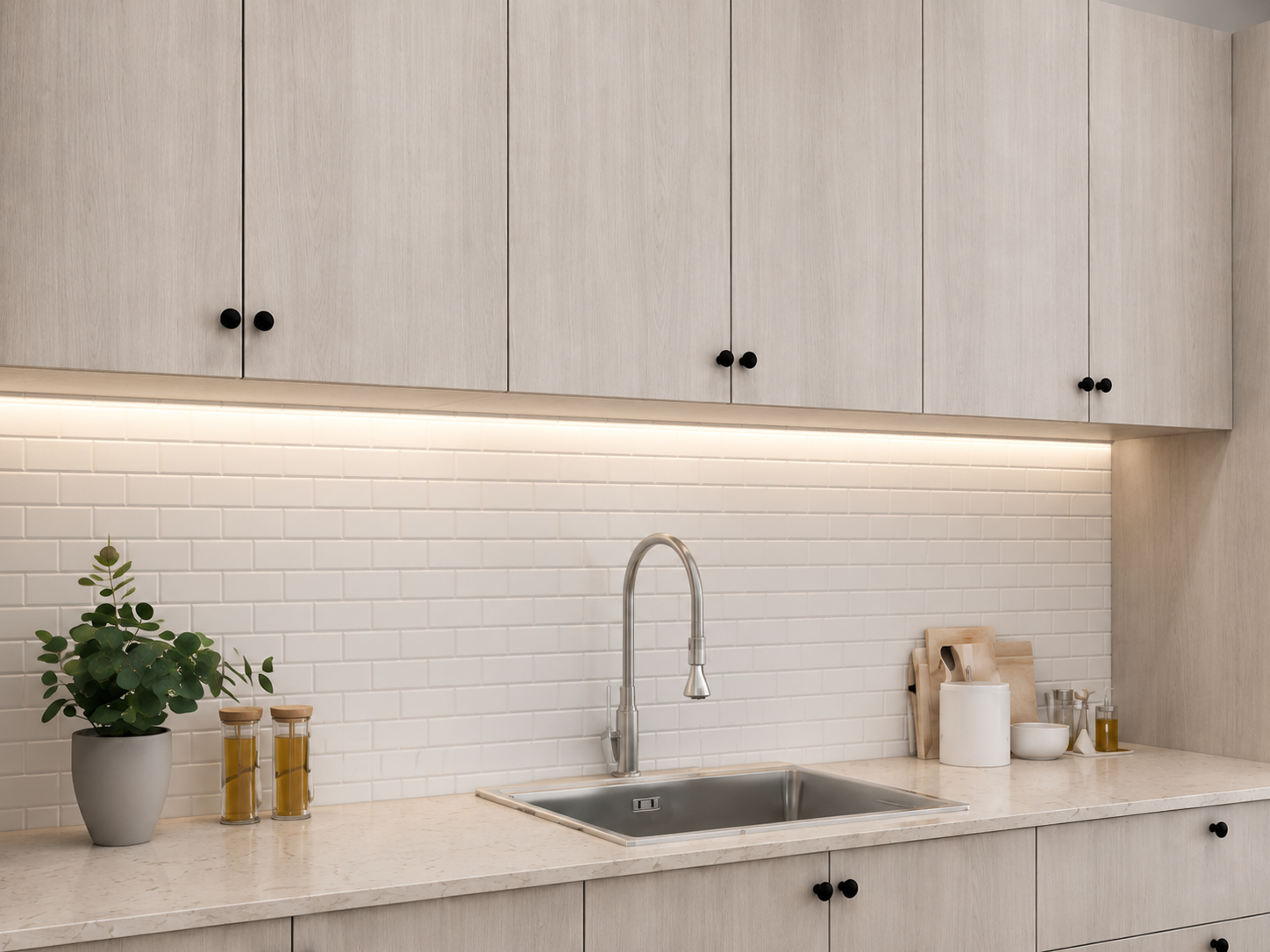 Appliances are fully integrated within the cabinetry, maintaining clean sightlines and a cohesive, uninterrupted surface.
